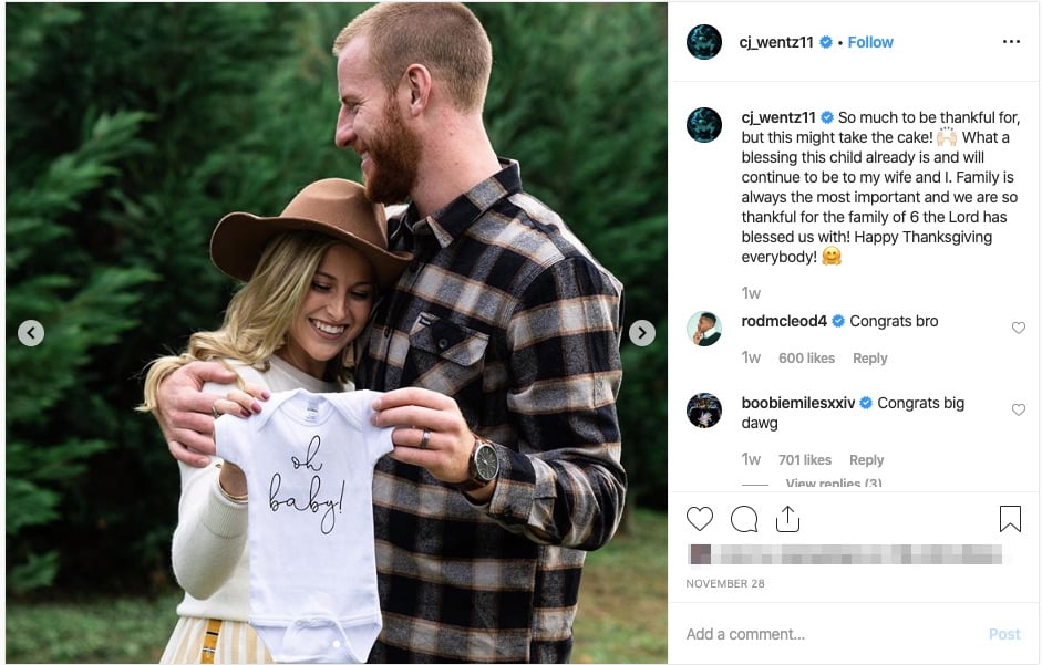 Eagles' Carson Wentz and wife Maddie Oberg reveal their baby's sex in  Instagram video